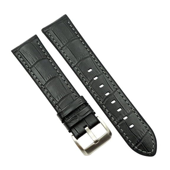 22mm Black Alligator Grain Leather Watch Band with Silicone Back Lining