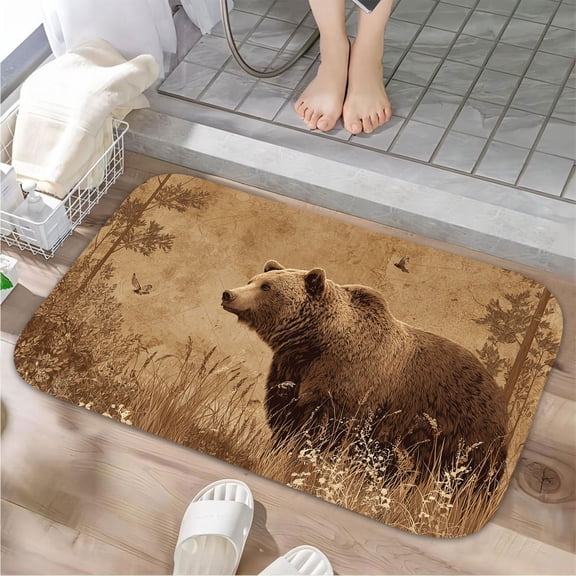 1pc Brown Bear in the Wild Absorbent Non-Slip Bathroom Thickened Flannel Rug Decor,Soft,Quick Drying,Suitable For Indoor/outdoor Use,Bathrooms,Bedrooms,Kitchens,Terrace,Laundry Rooms,16"x24"