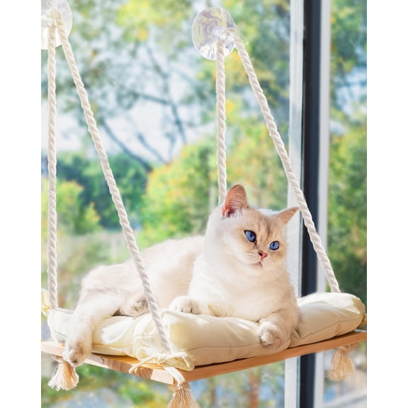 Cat Window Perch Medium Beige Solid Pine Wood Hammock Bed