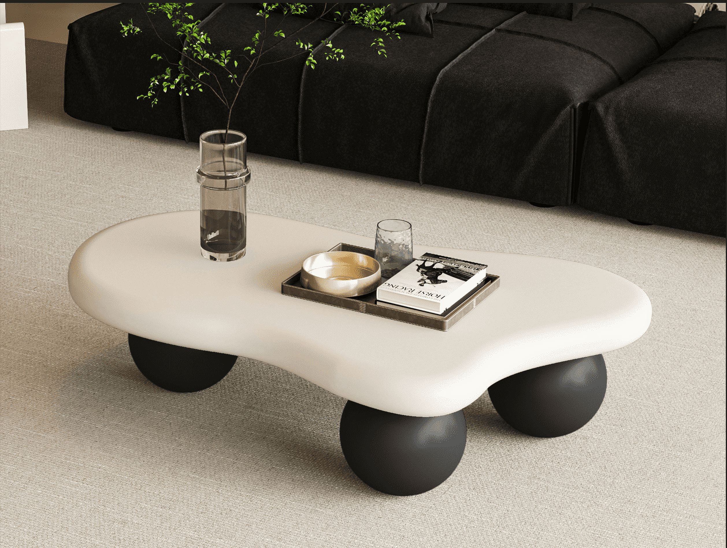 MDQMD 40”Cloud Coffee Table White Black ,Irregular Coffee Table,with 3 Ball Legs,Modern Coffee Table,Accent Center Table for Living Room