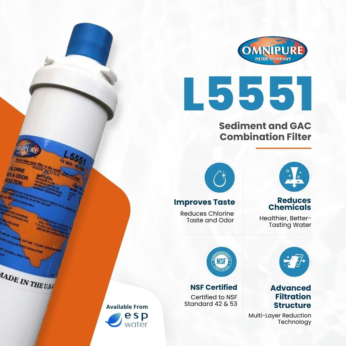 Omnipure L5551 Water Filter Cartridge for Bottleless Coolers – Dual Filtration, Sediment & GAC, 1500 Gallons
