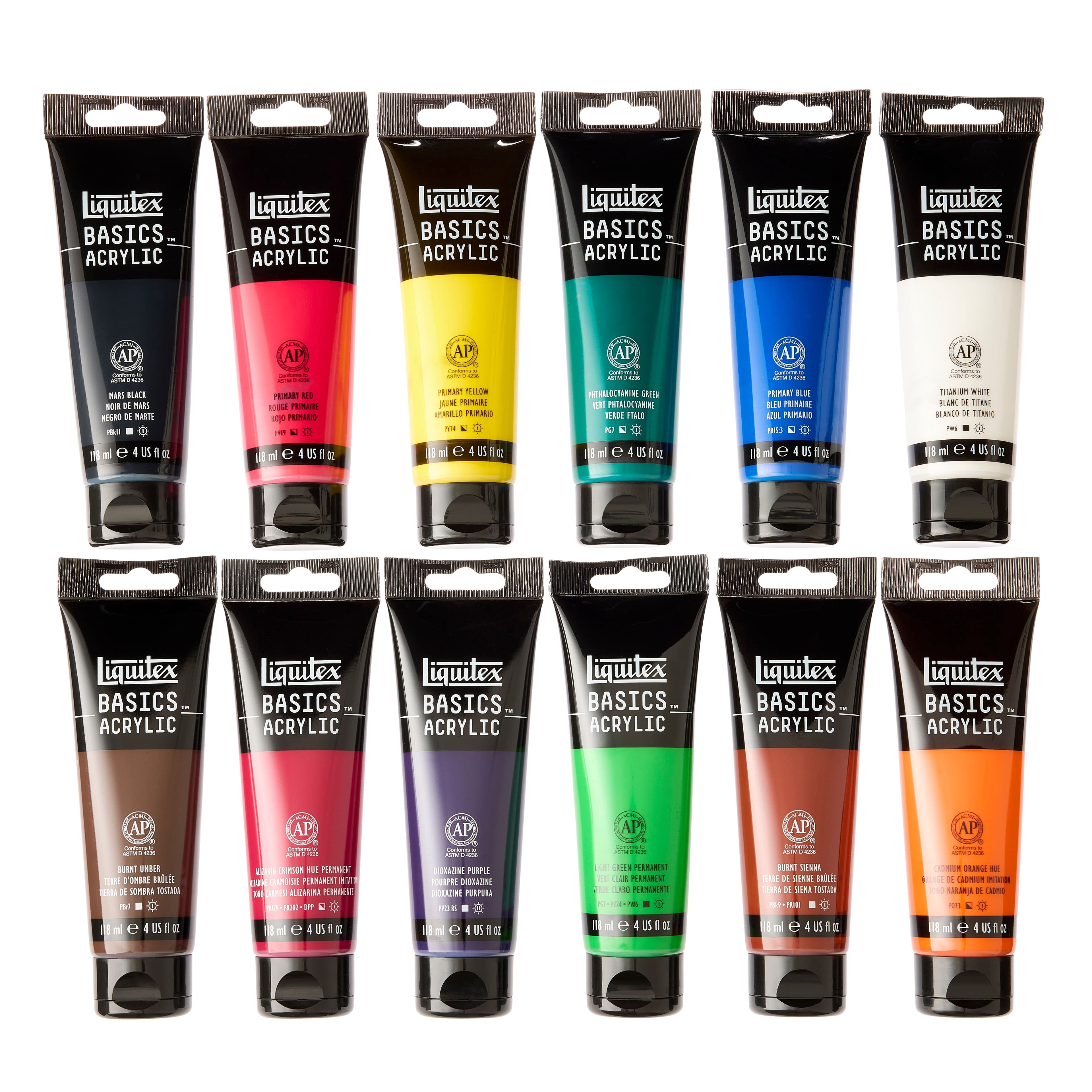 Liquitex BASICS Acrylic Paint, Essential Colors, 118 mL Tubes, Set of 12