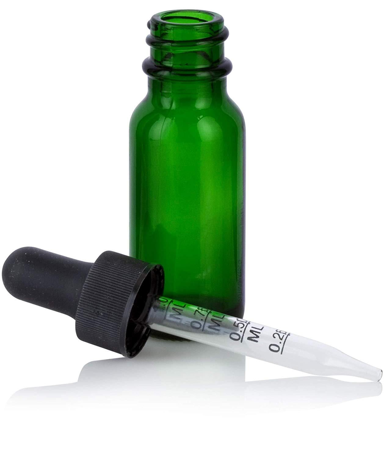 Download Green Glass Boston Round Dropper Bottle with Graduated Measurement Glass Black Top - .5 oz / 15 ...