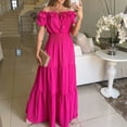 thumbnail image 2 of IROINNID Formal Dress for Women Wedding Guest Homecoming Party Trendy Peplum One-line Neck Bubble Sleeve Dress Short Sleeve One-Line Shoulder Ankle-Length Dress,Hot Pink, 2 of 7