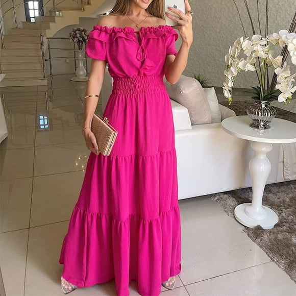 Maxi Dress for Women Fashion Temperament Peplum One-line Neck Bubble Sleeve Dress Short Sleeve One-Line Shoulder Ankle-Length Dress Short Sleeve Dress on Clearance