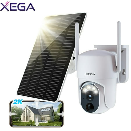 Xega Wireless 2K PTZ Solar Security Camera with 2.4G Wifi, Battery Power, App Control, Color Night Vision, PIR Human Detection, Two-Way Audio