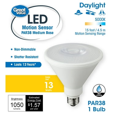 Great Value LED Light Bulb, 13 Watts (90W Equivalent) PAR38 Floodlight Motion Sensor Lamp E26 Medium Base, Non-dimmable, Daylight, 1-Pack