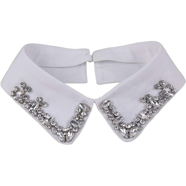 Cuello Falso Blanco Elegante y Desmontable con Piedras de Cristal para Blusas de Mujeres