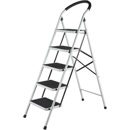 5 Step Ladder, Upgo Folding Step Stool with Extra Wide Anti-Slip Pedal, 330lbs Lightweight Portable Sturdy Steel Ladders with Handgrip for Household Kitchen Office Outdoor