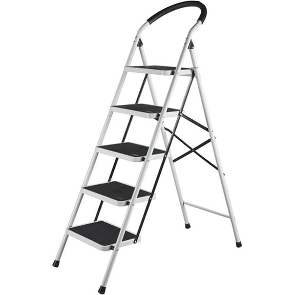 5 Step Ladder, Upgo Folding Step Stool with Extra Wide Anti-Slip Pedal, 330lbs Lightweight Portable Sturdy Steel Ladders with Handgrip for Household Kitchen Office Outdoor