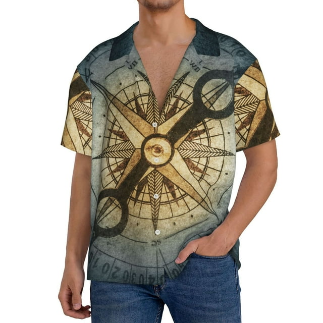 Xecao Vintage Compass Pattern Men's Short-Sleeve Cuban Collar Button-Down Shirt with Chest Pocket Lightweight Tropical Vacation Shirt-4X-Large