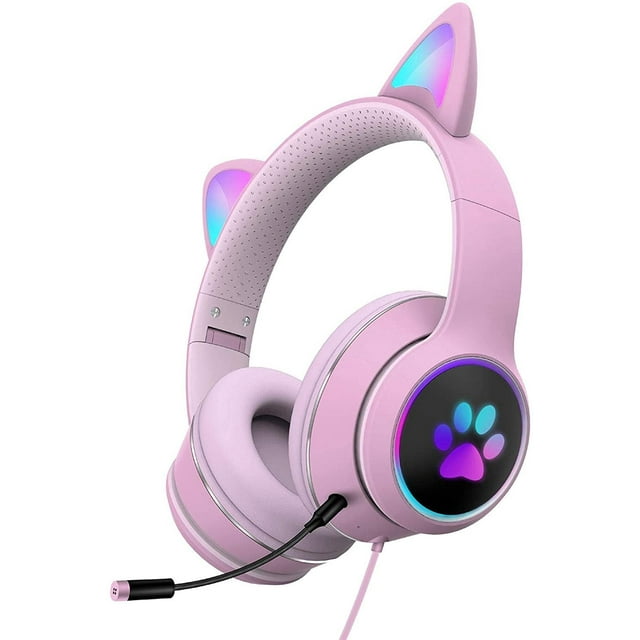 Auriculares para juegos con orejas de gato, luz LED RGB, micrófono, sonido estéreo, brillantes, supraaurales, para niños.