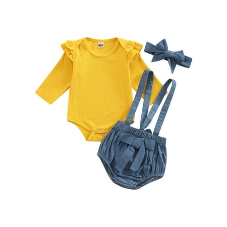 

SAYOO Baby Girls 3PCS Romper Suit Long Sleeve Plain Ribbed Snap Romper + Suspender Bow Triangle Pants + Bow Headband