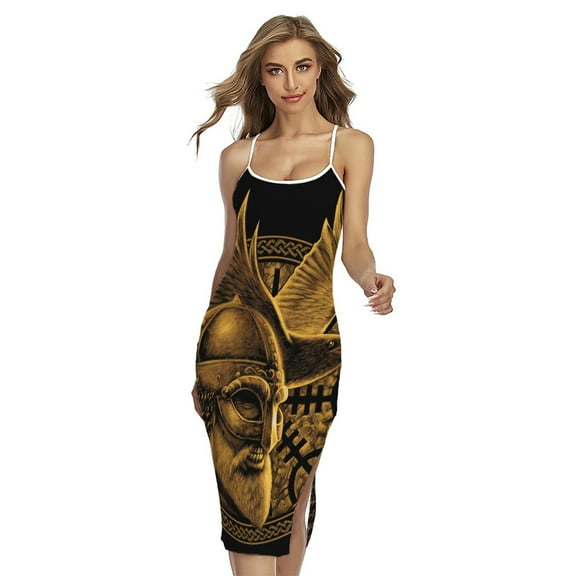 Gold Viking God Odin And Crow Printed Cross Back Cami Dress, Jesus Christian Fashion Summer Maxi Sexy Casual Dress For Women