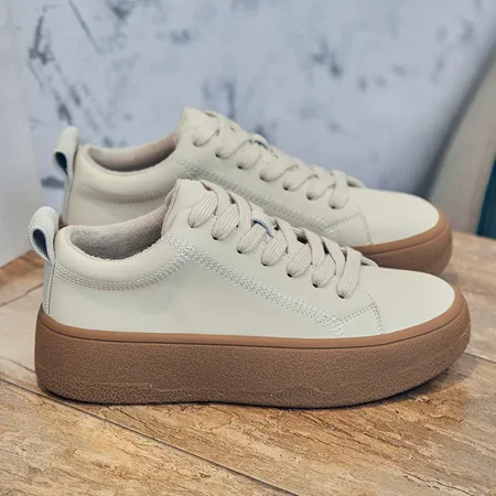 

Women‘s Casual Sneakers Thick Sole Lace-up Faux Leather Beige Shoes