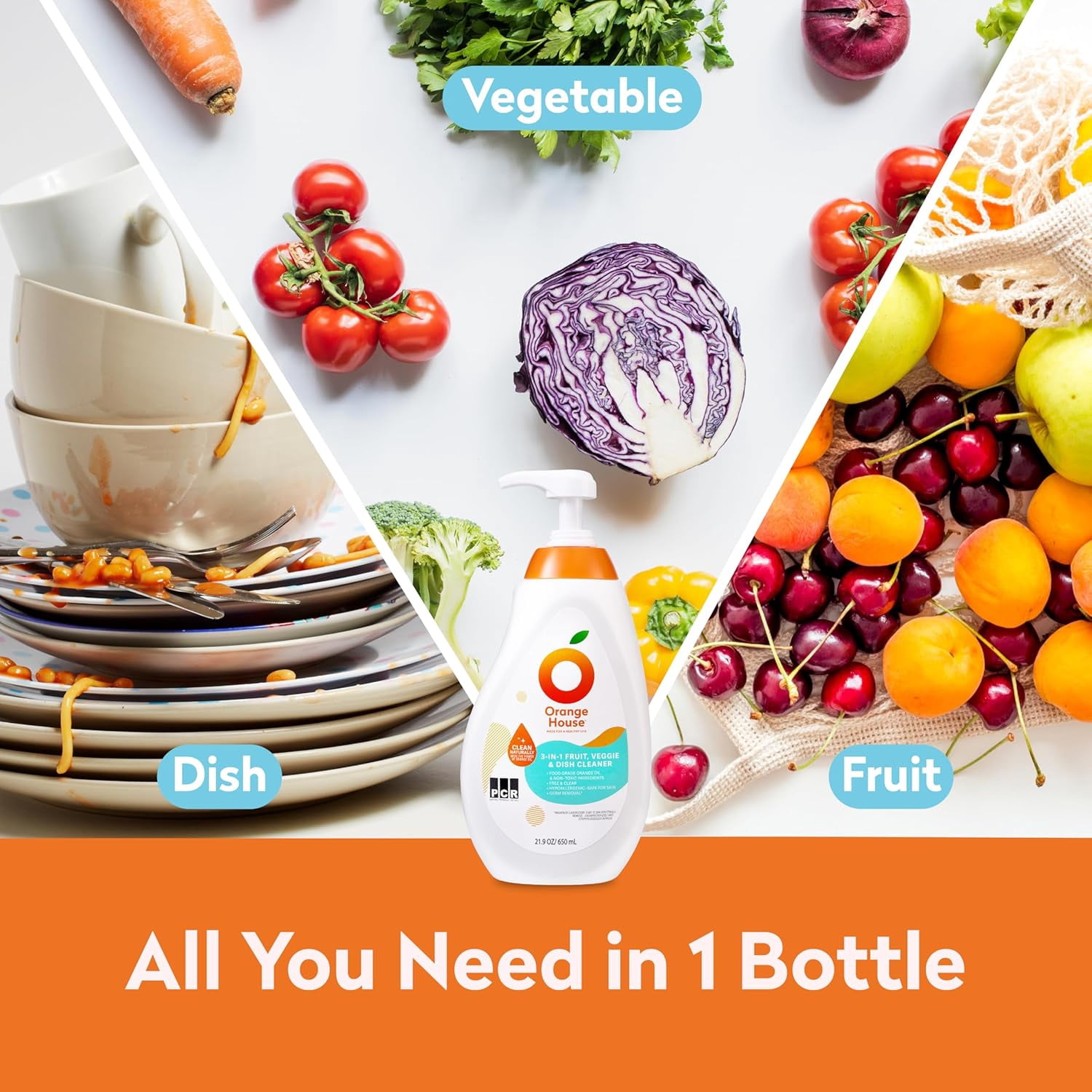 3 in 1 Plant Based Dish Soap, Non Harmful Ingredients Veggie Wash, Orange Oil Fruit and Vegetable Wash, Convenient Fruit Wash, 21.9 Fl Oz Fruit Cleaner, Natural Dish Soap (1 Pack)