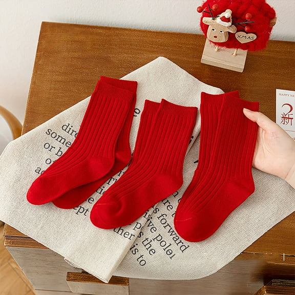 3 Pairs,Hwmodou Childrens Socks Autumn Winter Festive Double Pin Red Socks For Boys Girls Baby Tube Socks New Year Fashion Comfy Actice Fit,12M-12Y