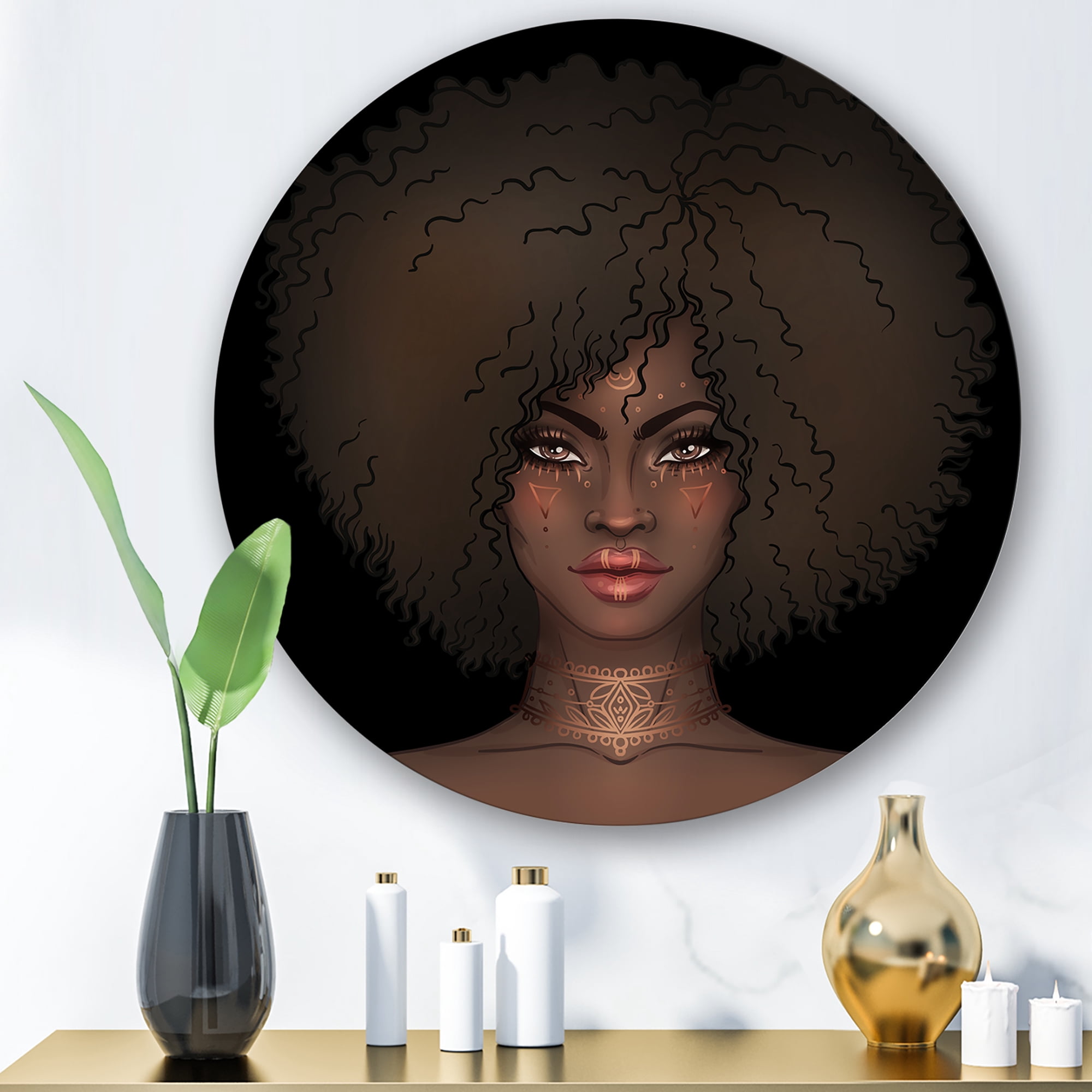Designart 'Portrait of Afro American Woman III' Modern Circle Metal Wall Art 23x23 - Disc of 23