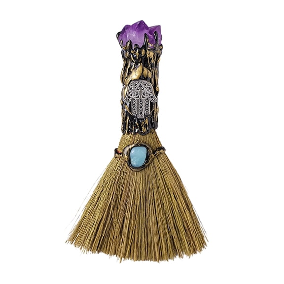 Happydeer Halloween Faux Amethyst Broom Figurine Handmade Healing Stone Fake Crystal Mini Witch Broom Decoration Ornament Festival Gift (Purple)