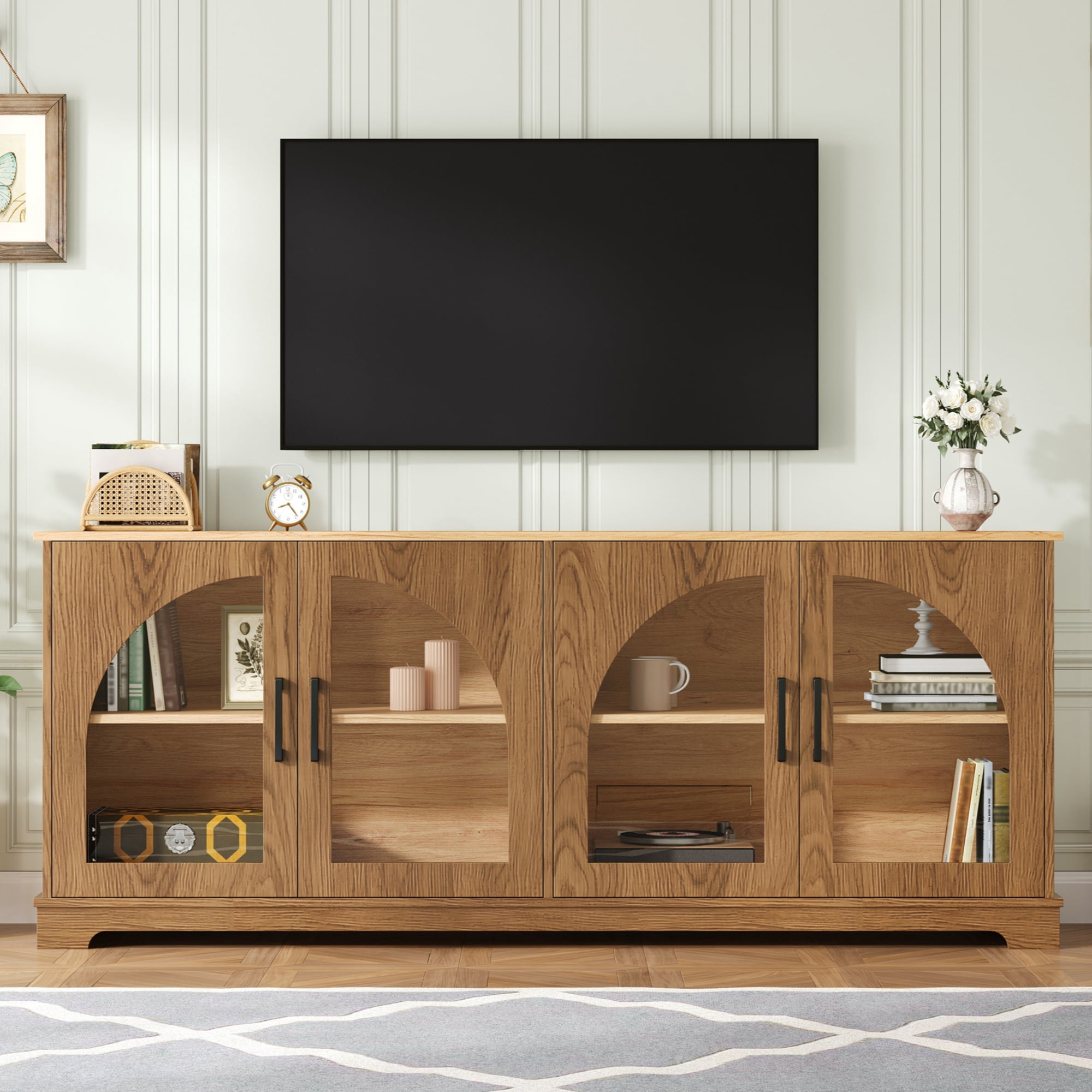 PORKISS Two-Tone TV Stand for 70", Vintage Media Console Cabinet with 4 Arched Tempered Glass Doors, Entertainment Center with Cable Management and Storage, Brown
