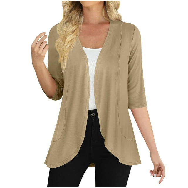 Dvprdro Trendy Lightweight 3/4 Sleeve Cardigans Womens Causal Solid Open Front Soft Shirts Tops