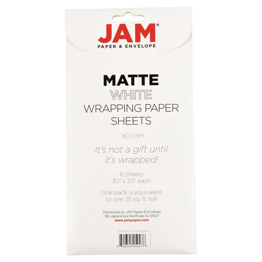 JAM Paper Matte Wrapping Paper Sheets, 30 x 20 per Sheet (25 sq ft Total), Matte White, 6 Sheets