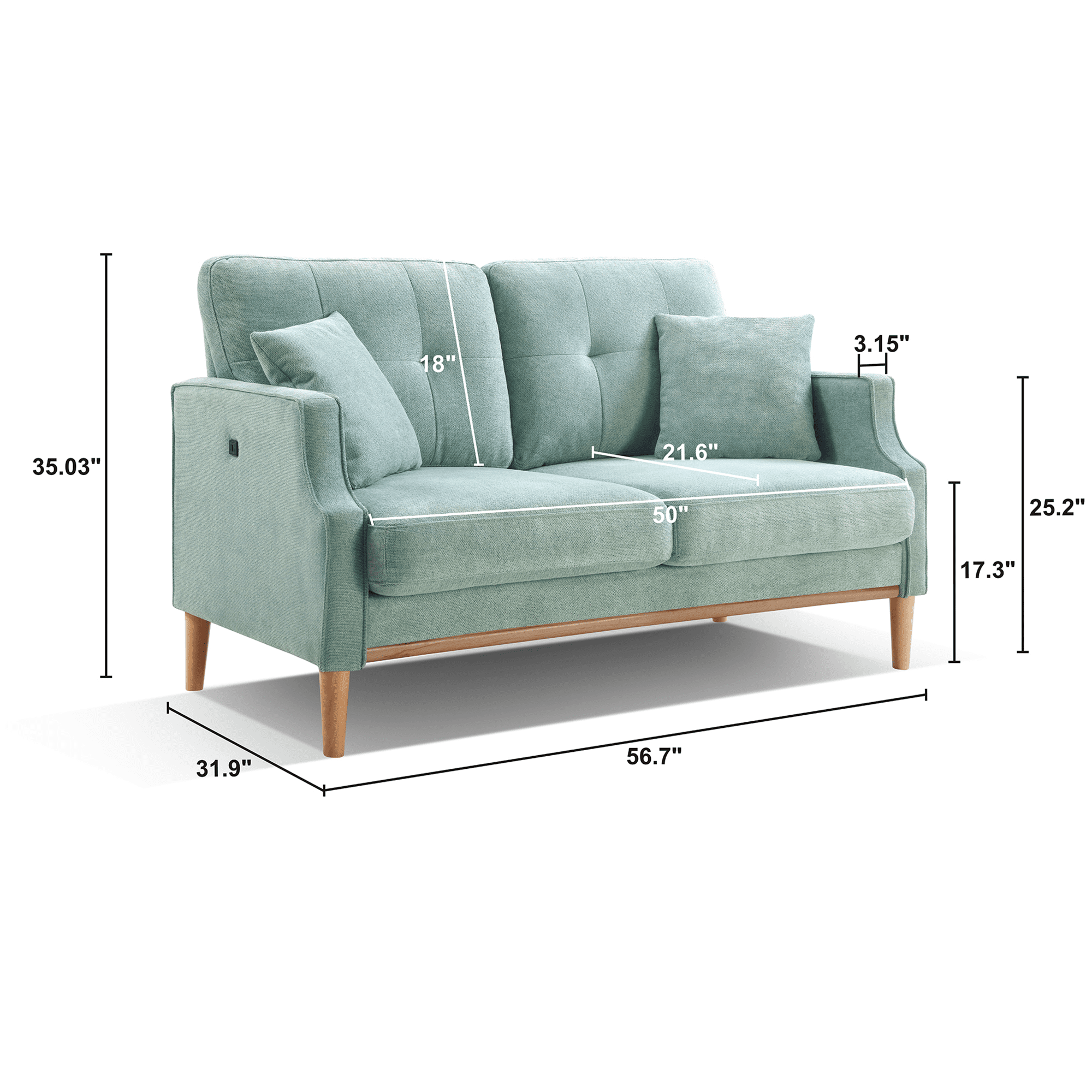 MAYEERTY 2-seater Modern Sofa, Wide Armrests and Deep Seat for Living Room Lounge Office, Baby Blue
