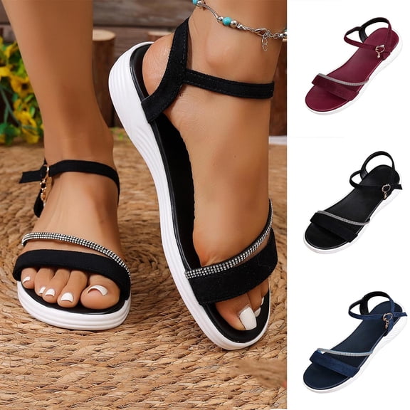 Miluxas Women's Rhinestone Strap Flat Sandals, Open Toe Ankle Buckle Casual Shoes, Lightweight Comfortable Summer Sandals Red 9.5(43)