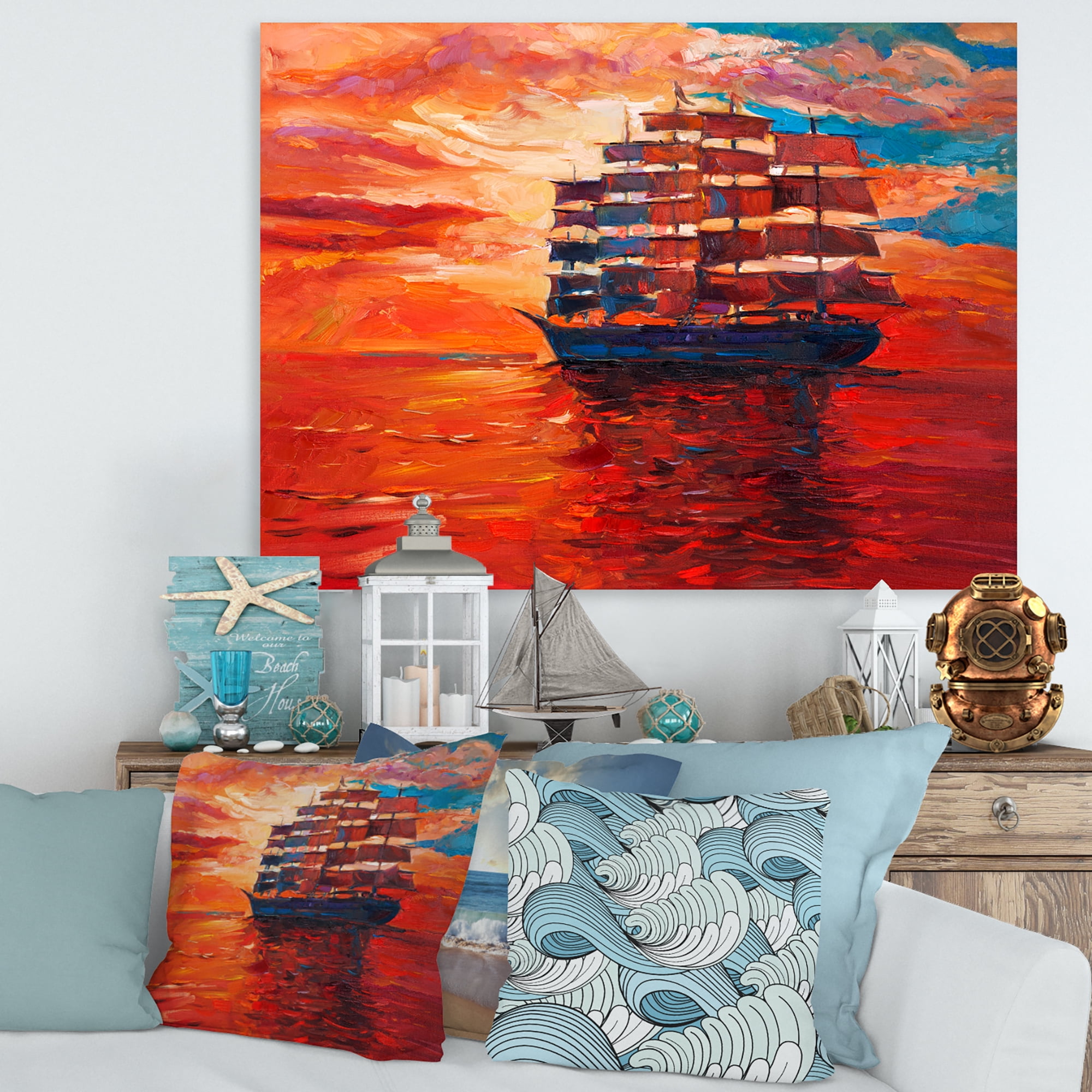 Designart ' Frigat During Red Evening Glow On The Ocean Horizon ' Nautical & Coastal Canvas Wall Art Print