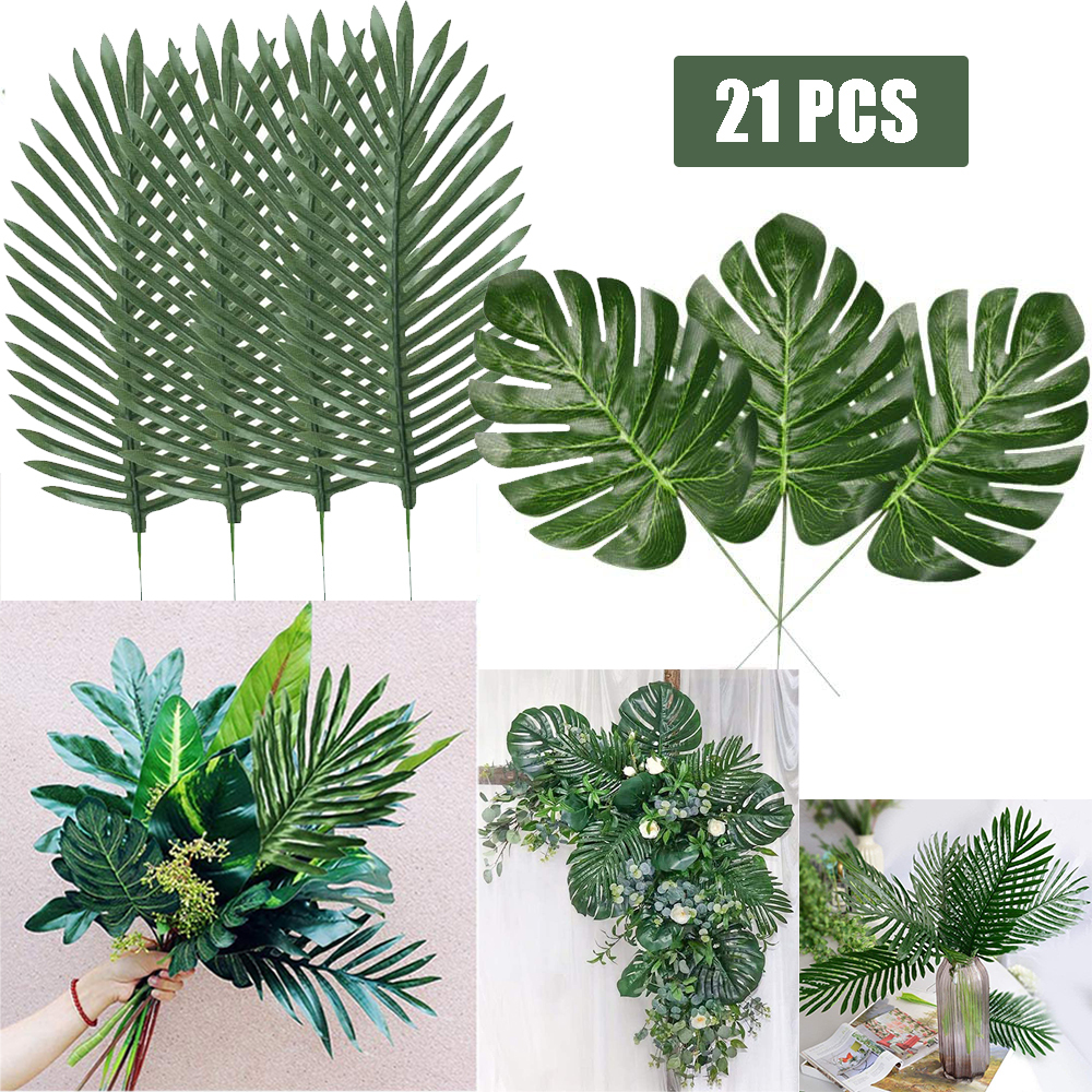 Fangsheng 21pcs 2 Kinds Faux Tropical Plants Artificial Palm Leaves