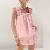 BLTIBY 2 Piece Sets for Women Summer Solid Color Loose Ruffled Sleeveless Cami Shirts Wide Leg Shorts Set with Pockets Vacation Outfits Pink XL