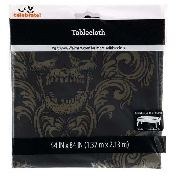 Skull Tablecloth, Black and Gold, 54" x 84", Halloween by Way To Celebrate