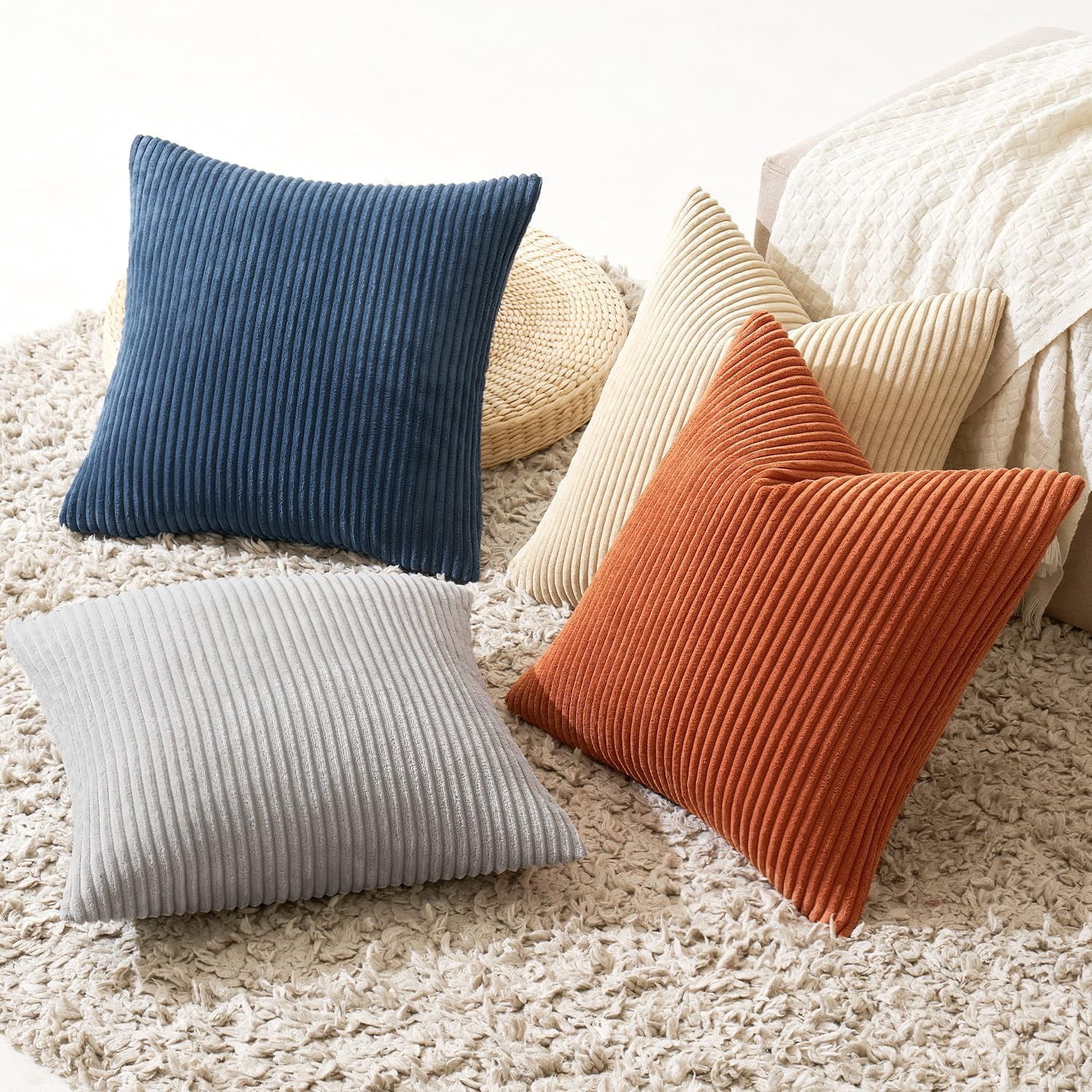 Boho Farmhouse Throw Pillow Covers 18x18 Inch Set Of 4 Summer Mordern Neutral Cushion Soft Corduroy Nordic Home Decor For Couch Bed Sofa Living Room Blue-yellow