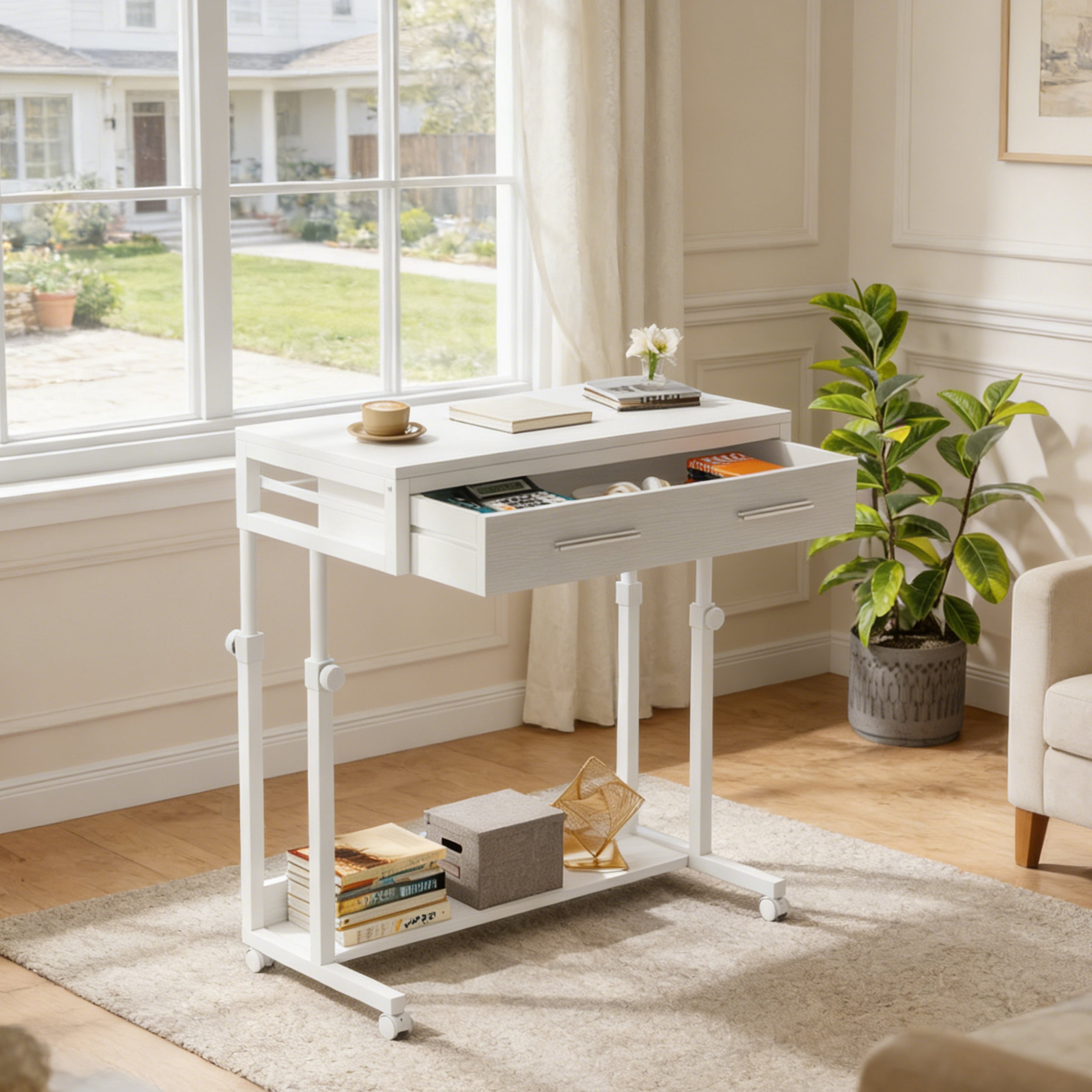 Fnova Mobile Desk with Drawers, Portable Laptop Desk on Wheels, Sofa Side Table, Bed Desk, Small Standing Desk for Home Office