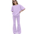 thumbnail image 4 of YMNXA Kids Girls Two Piece Outfit Short Sleeve Round Neck Solid Color Top And Flared Pants Fashion Breathable Sets For Everyday Wear,Purple,7-8 Years, 4 of 4