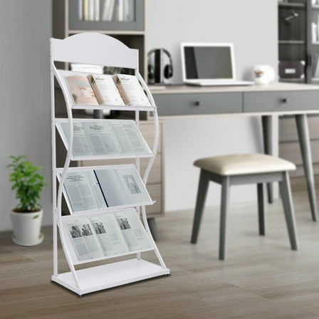 Magazine Rack Magazine Holder 4 Tier Floor-Standing Newspaper Rack Manual Book Storage Rack Iron Magazine Display Rack (White)