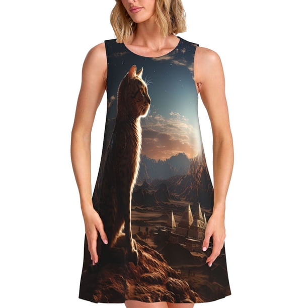 Disketp Pyramid Desert Cat para Vestido sin Mangas para Mujeres, Vestidos de Verano para Mujeres, Casual y Holgado para la Playa