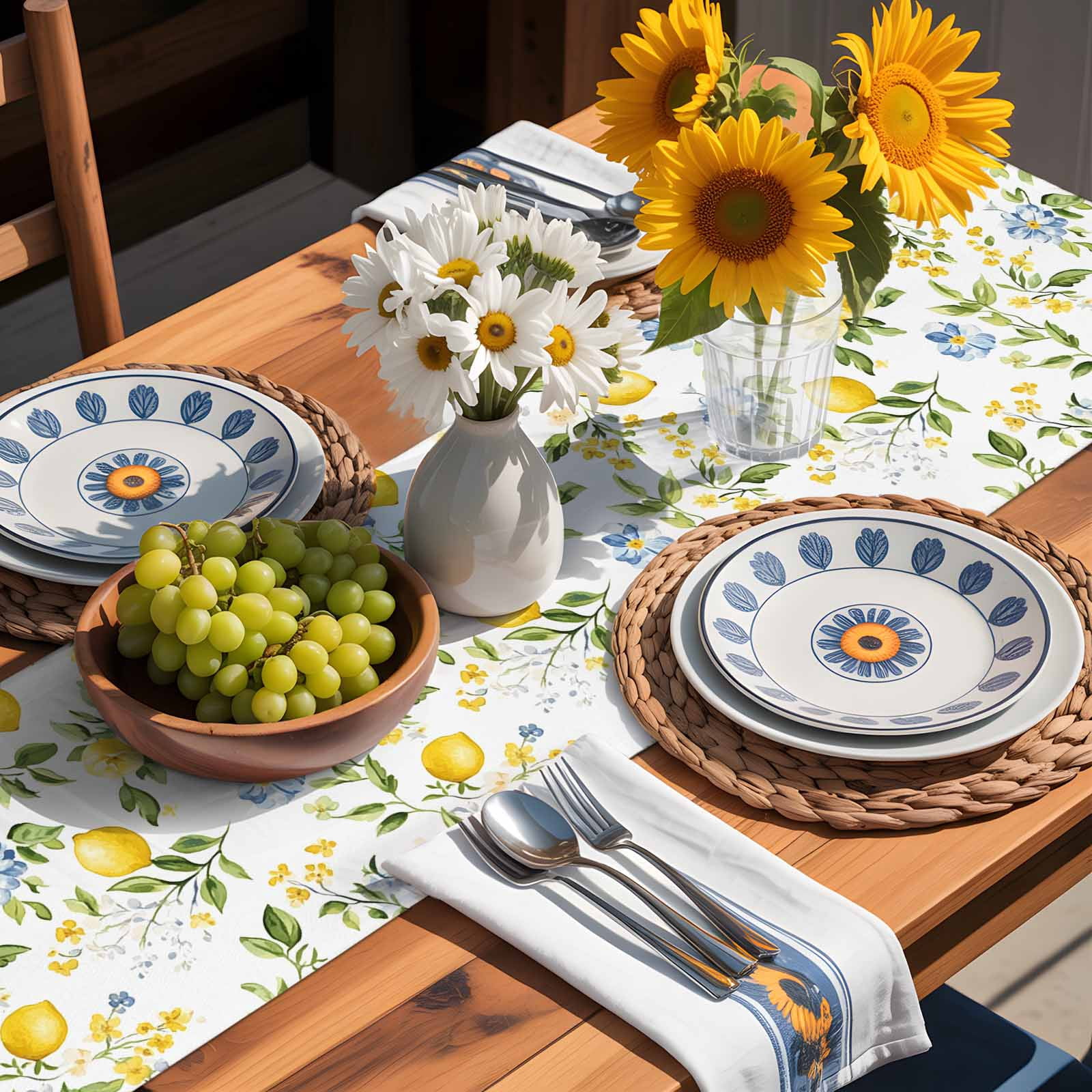 Summer Lemon Green Leaves Table Runner 90 Inches Long, Blue Flower on White Table Runners Tabletop Scarf Kitchen Dining Tables Decoration for Home Party Indoor Outdoor