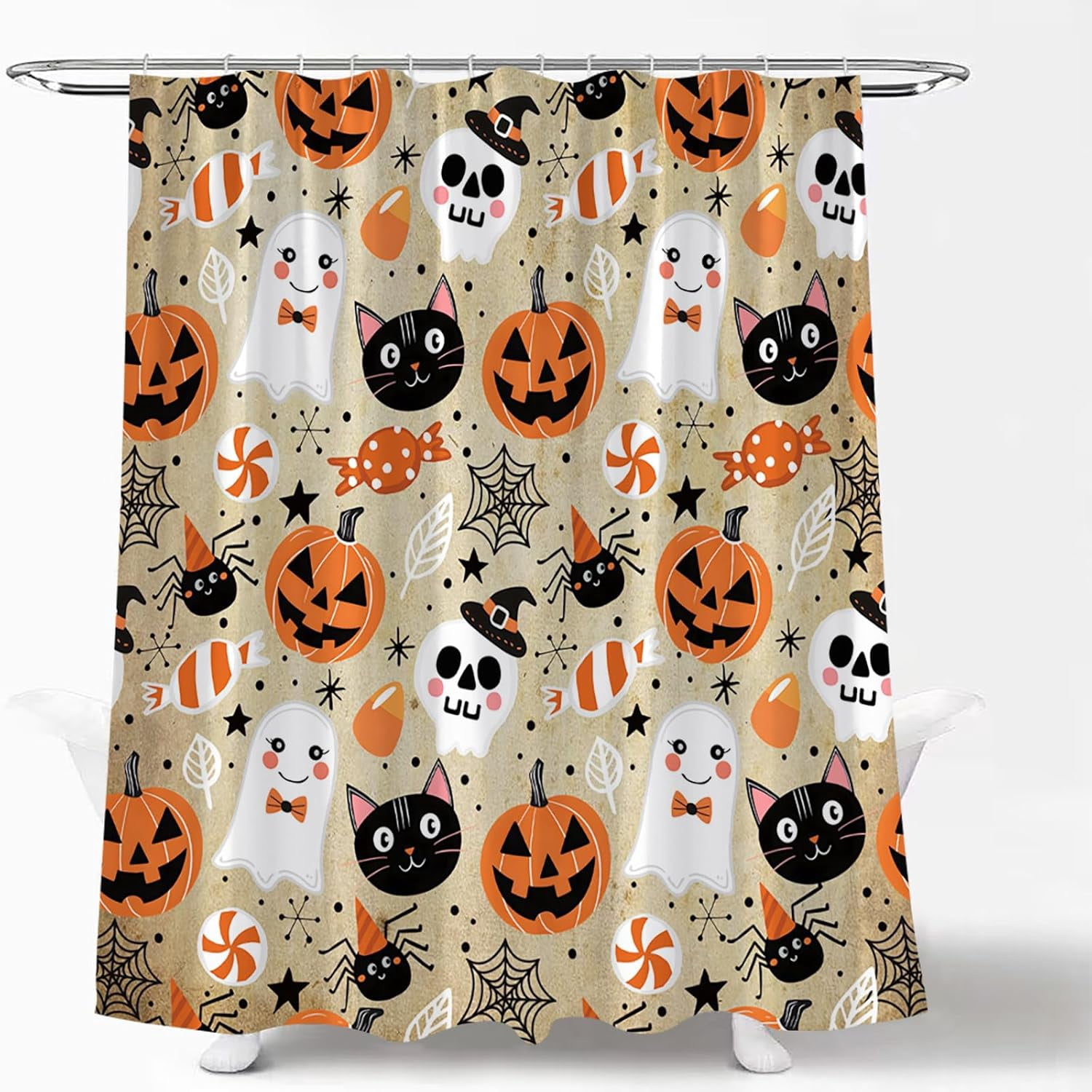 Happy Halloween Shower Curtain Cute Cartoon Pumpkin Spooky Ghost Orange Pumpkin Head Icons Funny Black Cat Spider‘s Web Skull Skeleton Witch Hat Fabric Bath Curtain Set with Hook