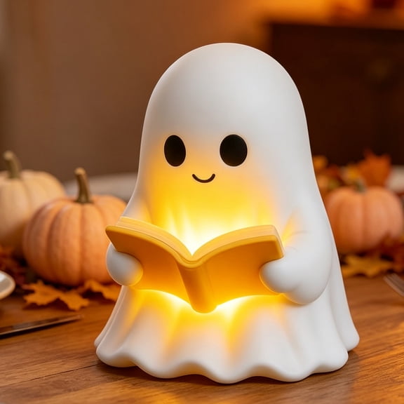 Halloween Ghost Reading Book Lamp Halloween Decorations Reading Ghost LED Night Light Resin Glowing Statue Ornament for Bedroom Home Indoor Decor, 6In