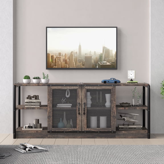 Garvee Industrial Farmhouse TV Stand for 65/75" TVs, Rustic Oak Entertainment Center with Double Mesh Doors, Open Shelves & Storage Cabinet, Living Room Media Console, 1.6m Dark Antique Oak
