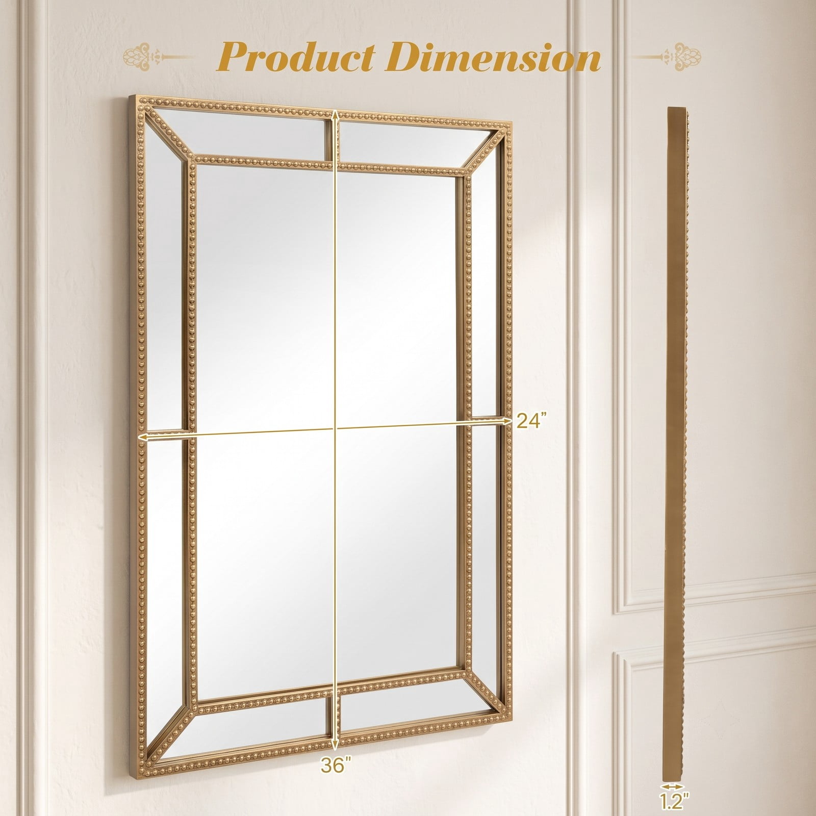 ALPULON 36 x 24 Inch Gold Wall Mirror with Beaded Metal Frame, Rectangular Vanity Mirror for Living Room Bedroom Entryway Bathroom Vertical or Horizontal Hanging, Gold