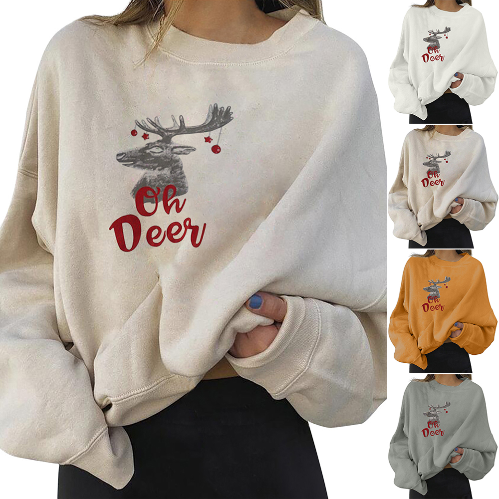 E-STYLE Women Christmas Elk Printed Sweatshirt Long Sleeve Crew Neck Pullover Casual Loose Tops,Yellow,S - image 3 of 6