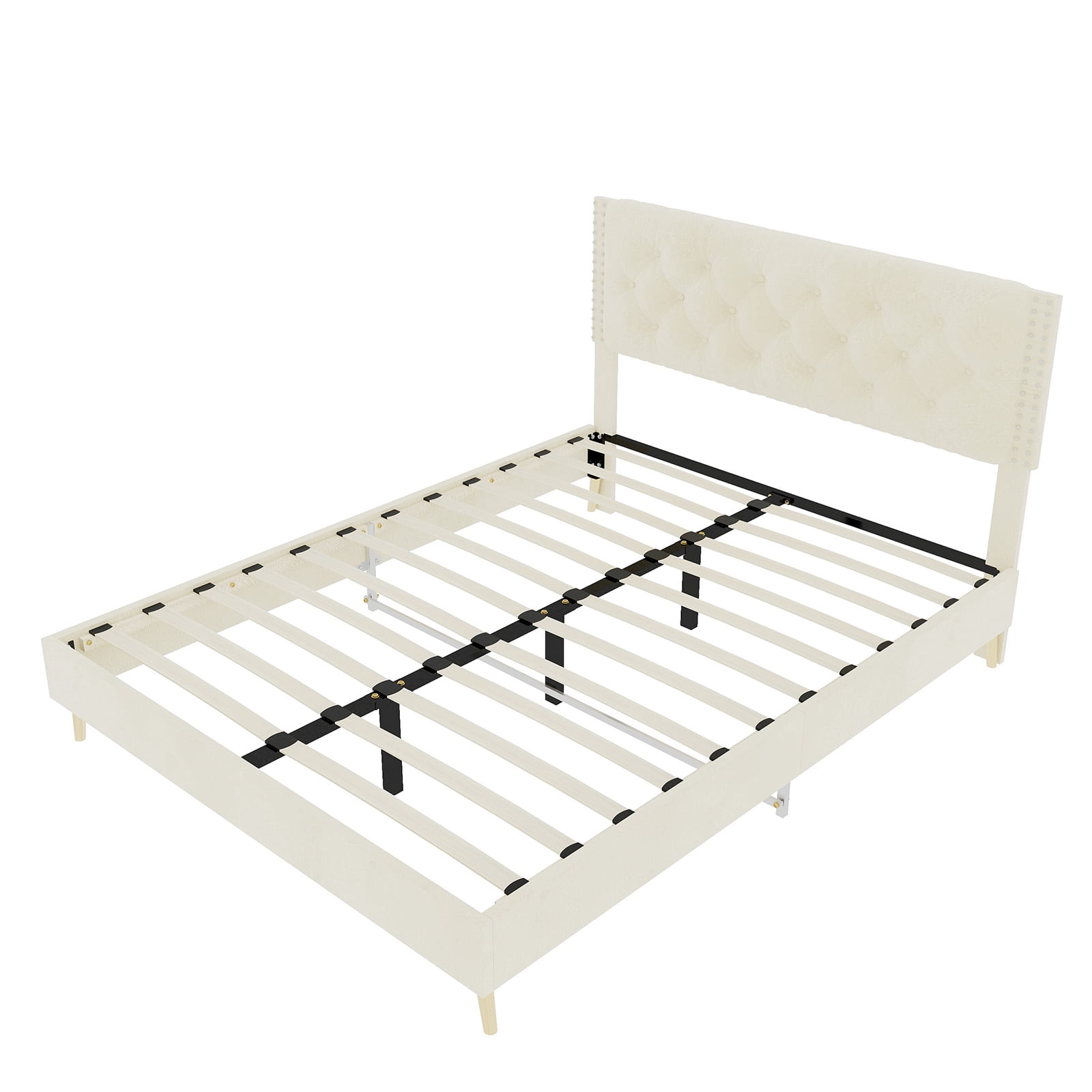 Alvantor Full Size Upholstered Bed Frame with Padded Headboard, Holland Velvet Tufted Beige
