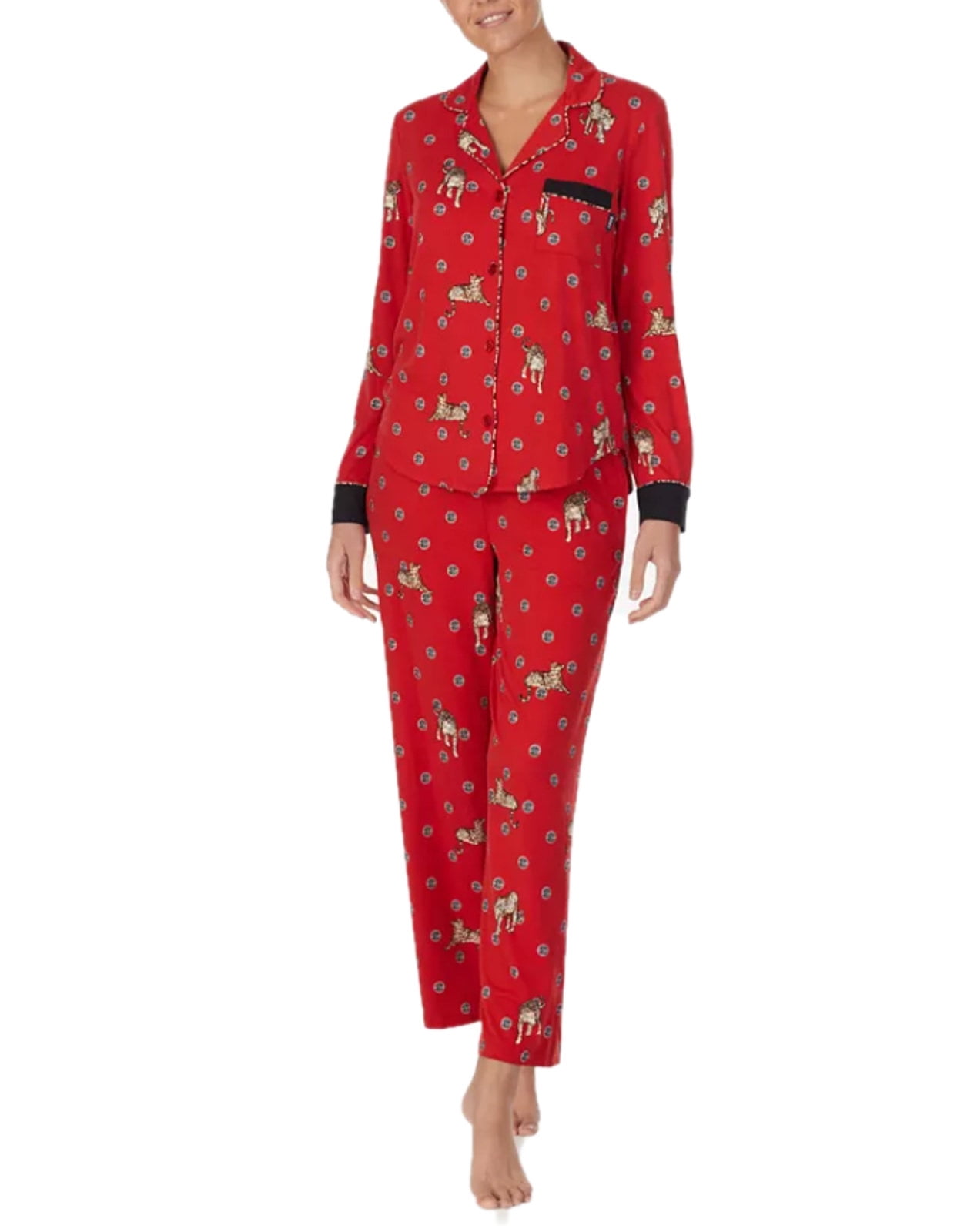 DKNY Women's Long Sleeve Animal Printed Soft-Knit Pajamas Set, Red, L -  