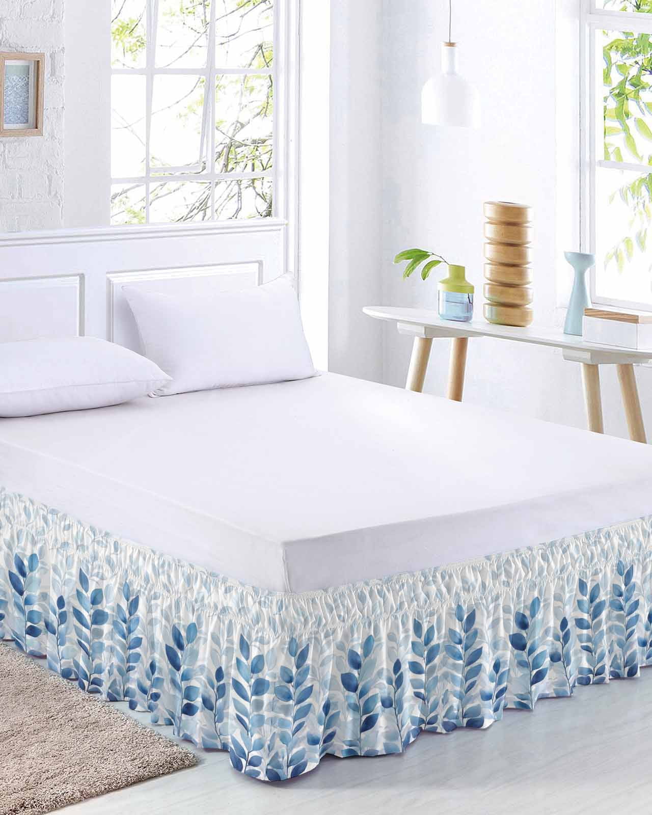 Blue Leaf Bed Skirt Queen Size, Watercolor Country Plant Monochrome Branch Wrap Around Bed Skirting with Adjustable Elastic Strap, Dust Ruffle Pleated Bedskirts 16 Inch Drop for Bedroom Queen Beds