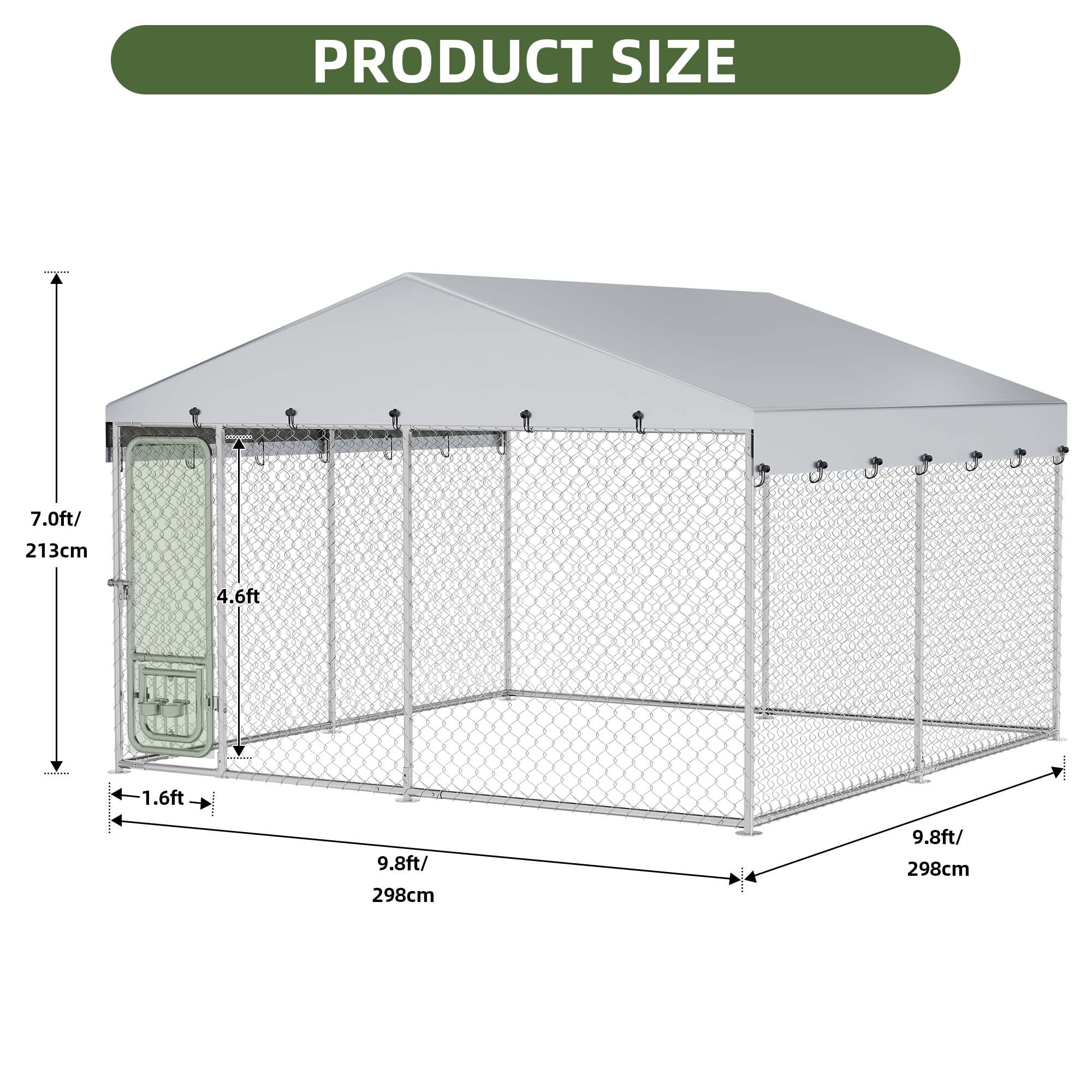 Uforic Large 10'x10' Heavy Duty Outdoor Dog Kennel with Rotating Feeder and Weatherproof Roof
