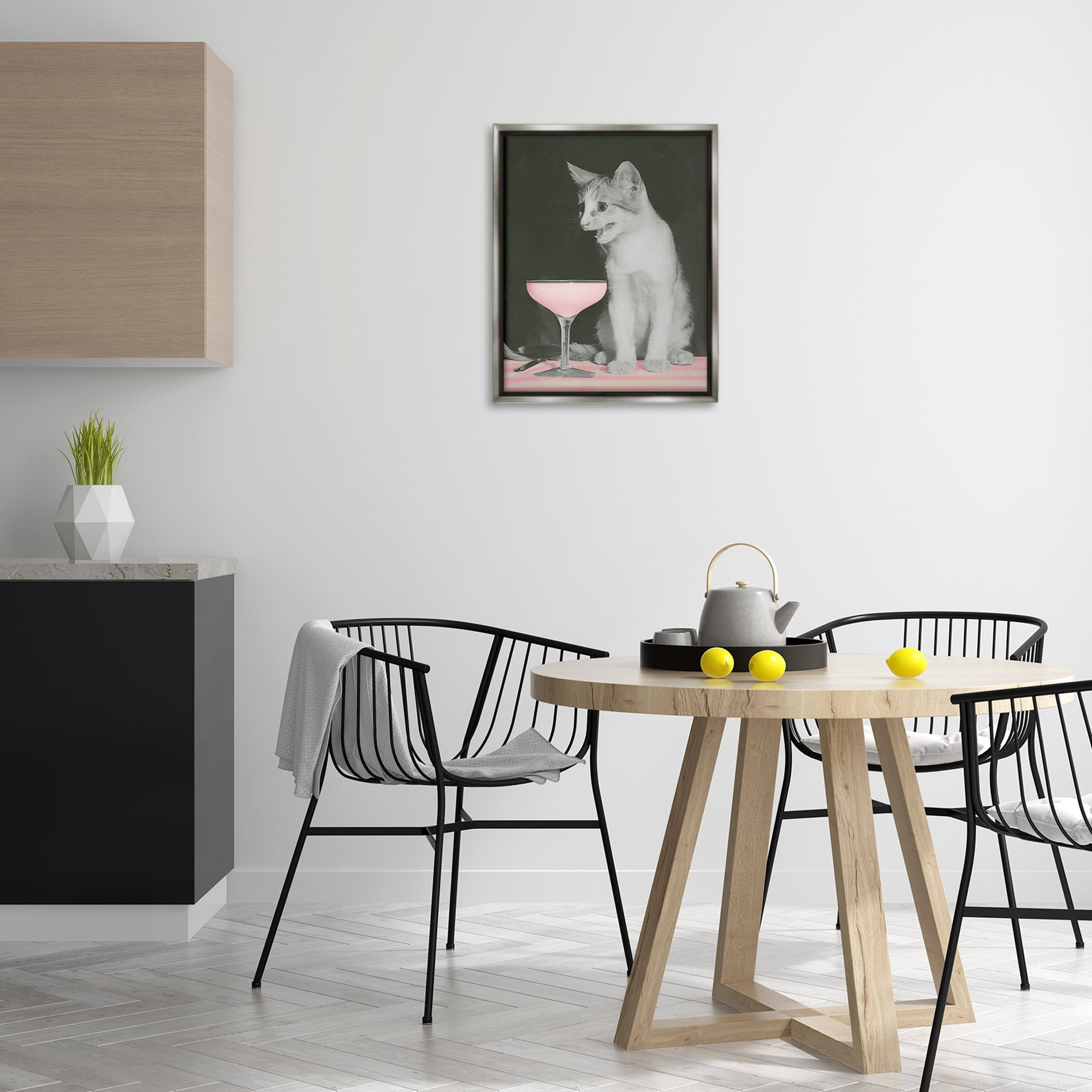 Stupell Industries Cat & Pink Drink Food & Beverage Painting Gray Floater Framed Canvas Art Print Wall Art, 17 x 21