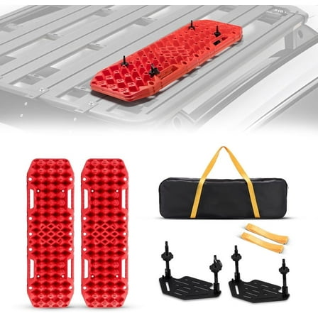 BUNKER INDUST Gen 7th Traction Boards with Mounting Kit & Jack Base - Pair Offroad Recovery Tracks for 4x4, Jeep, Truck Tires - Sand, Mud, Snow Ramps, Red
