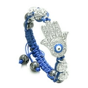 Evil Eye Protection Amulet Magic Eye Hamsa Hand Bracelet with Blue Cord Simulated Hematite Power Beads